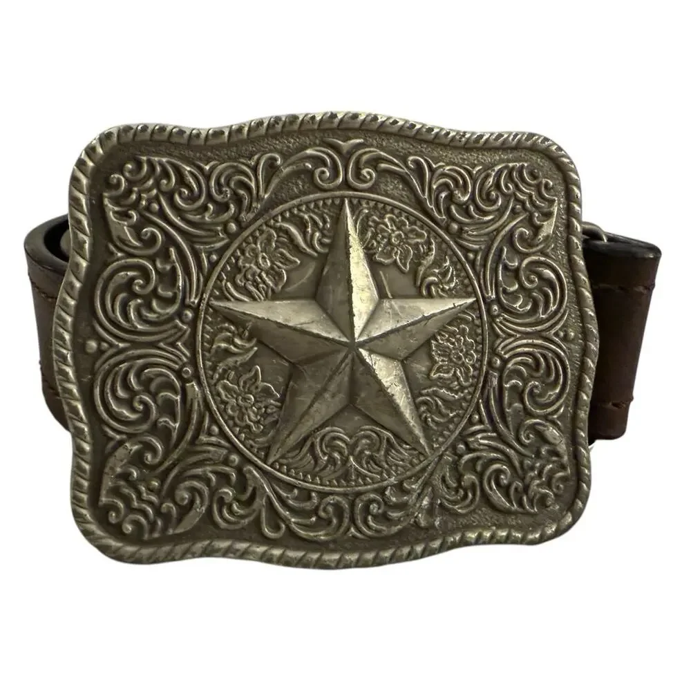 Men’s Western Brown Leather Belt Silver Texas Star Buckle Cowboy Rodeo Size 44